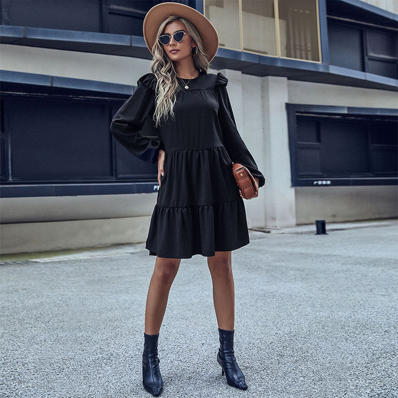 Loose Black Long Sleeve Dress Vintage Hepburn Style Fashionable Womens Apparel for Casual Occasions Wholesale Available