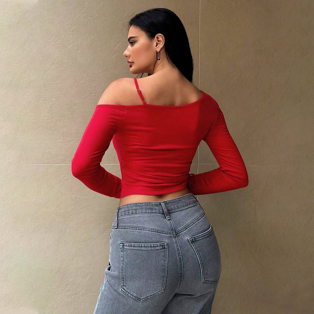 Asymmetrical Neck Crop T Shirt Sweet and Spicy Style Red Color Spring Summer Fashion Wholesale Available