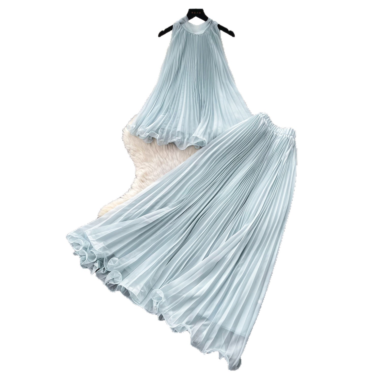 Vacation Style Halter Neck Ruffled Tank Top and High Waist Skirt Set Playful Sweet Fashionable Summer Outfit for