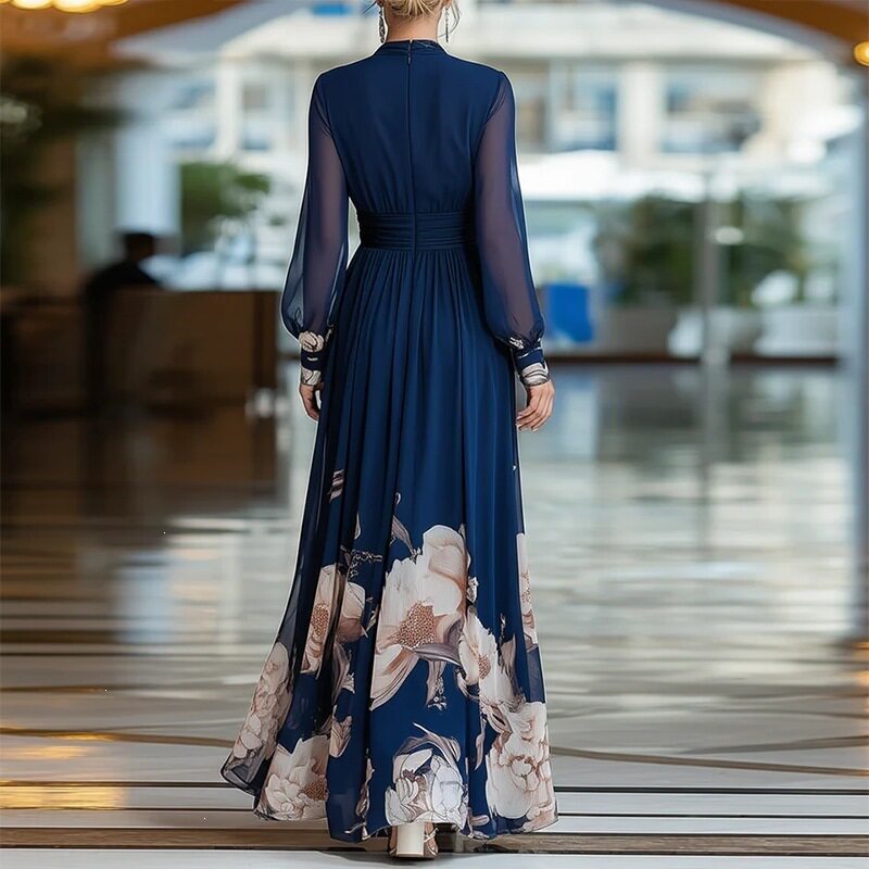 Womens Spring Dress Elegant Floral Print Waist Defined Long Silhouette Perfect for Casual or Formal Occasions