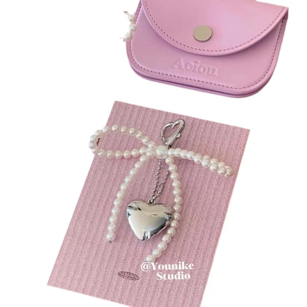 Korean Ins New Sweet Girl Pearl Bow Silver Love Pendant Keychain Bluetooth Headset Pendant