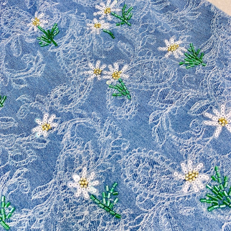 Quần jean nữ ống rộng thêu đính hạt cầu kỳ phong cách thoải mái — Xanh dương