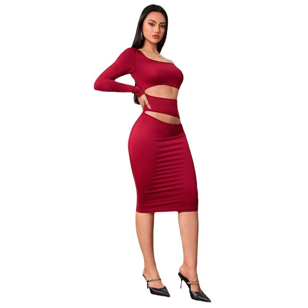Wine Red One Shoulder Midi Dress Elegant Design Spring Summer Collection Perfect for Parties Wholesale Available