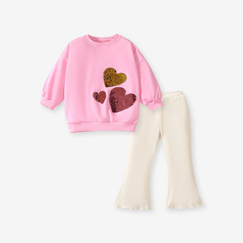 Autumn Long-sleeve Girls' Set, Cute Heart-shaped Kids' Outfit, Girls' 2-piece Set