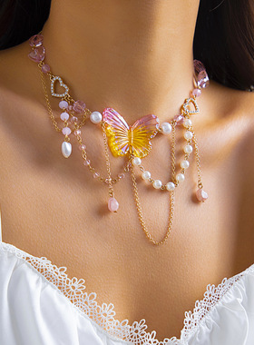 欧美跨境 小众气质仿珍珠流苏项饰 田园度假风辣妹草莓蝴蝶项链女