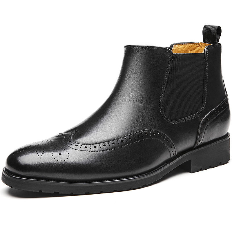 Boot Chelsea Nam Da Bò Mũi Nhọn Brogue Chiều Cao Đế Khoảng 3cm Màu Đen, Đỏ Rượu
