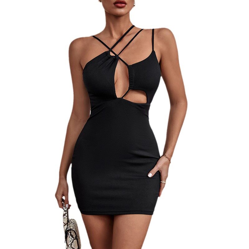 Summer Womens Black Hollow Out Bodycon Dress Adjustable Straps Slim Fit Elegant Style Perfect for Parties and Events