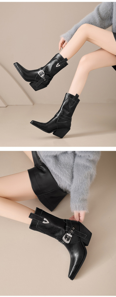 Boot nữ cổ thấp da bò gót xuồng mũi nhọn khóa thắt lưng — Lớp lót đơn màu đen, Lớp lót đơn màu nâu, Lót nhung đen, Lót nhung màu nâu