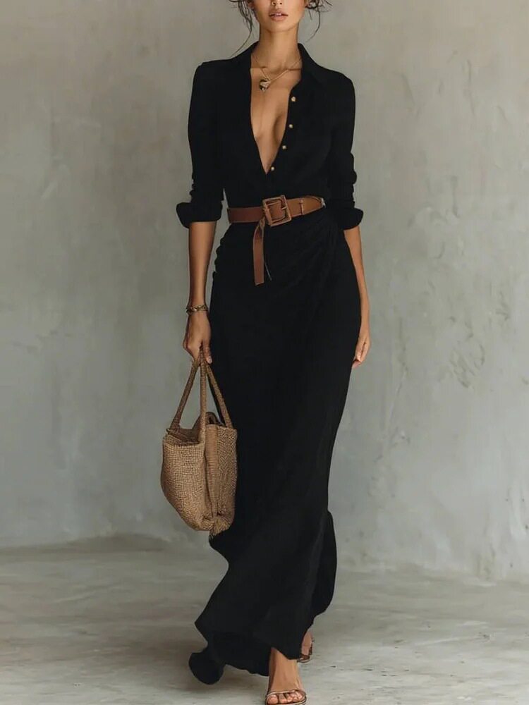 Elegant Womens Autumn Dress Solid Color Irregular Pleats Waist Belt Perfect for Casual or Formal Occasions