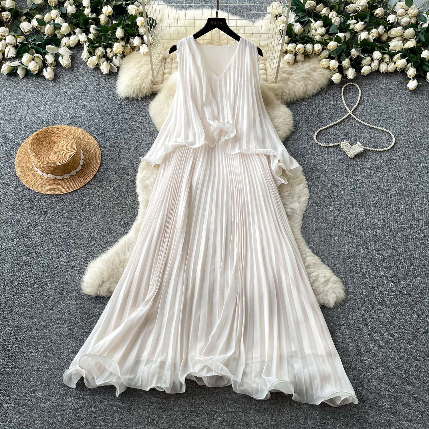 Elegant Mint Green Sleeveless Halter Dress Ruffled Hem Pleated Design Slim Fit Perfect for Early Summer Events