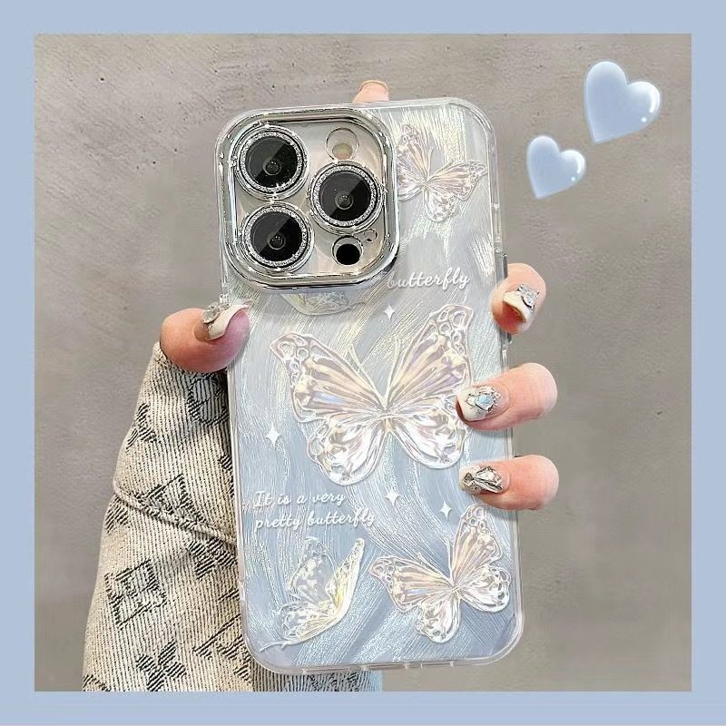 Silver Butterfly Suitable for Apple 16Promax Mobile Phone Case Female Iphone15 Lens Film All-Inclusive 14Pro Feather Yarn