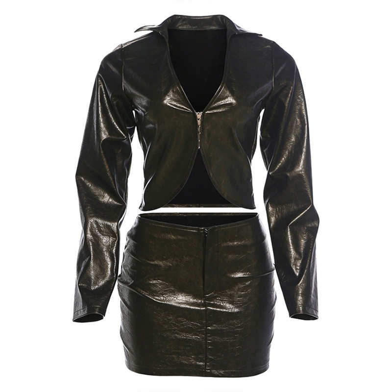 Womens Vintage Style PU Leather Long Sleeve Button Up Top with Low Waist Skirt Set Fashionable Autumn Outfit Wholesale