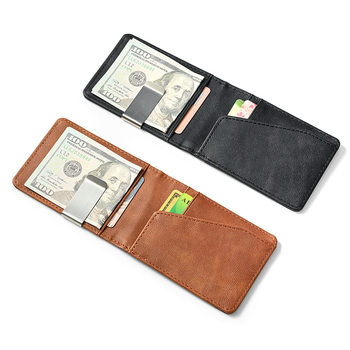 Cross-Border Wallet Men's Crazy Horse Pattern Short Men's Wallet Stainless Steel American Money Clip Credit Card Id Card Holder
