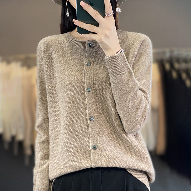 美丽诺纯羊毛开衫女一线成衣无缝一体金银丝外套针织长袖外搭毛衣