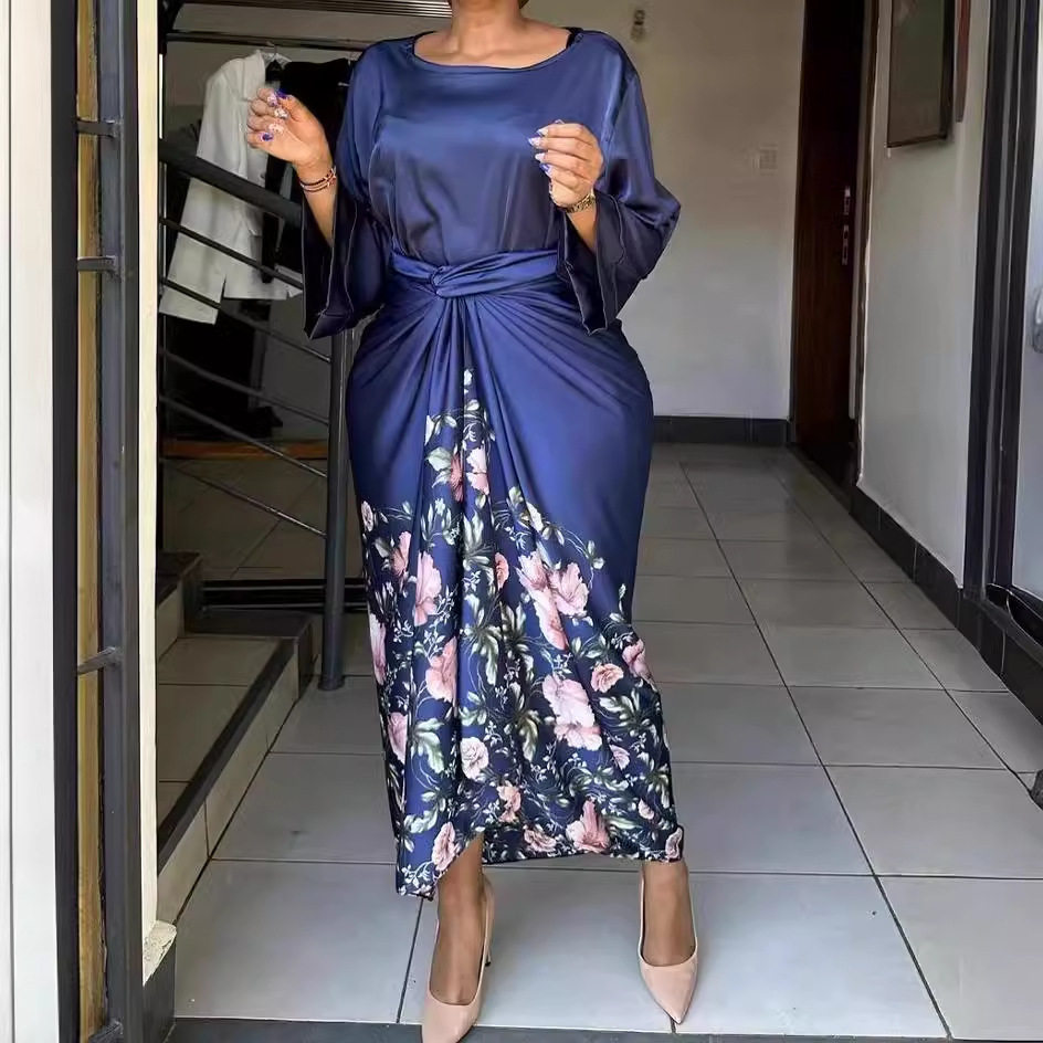 L0396 速卖通 亚马逊欧美时尚绑带印花气质连衣裙套装夏季半袖不