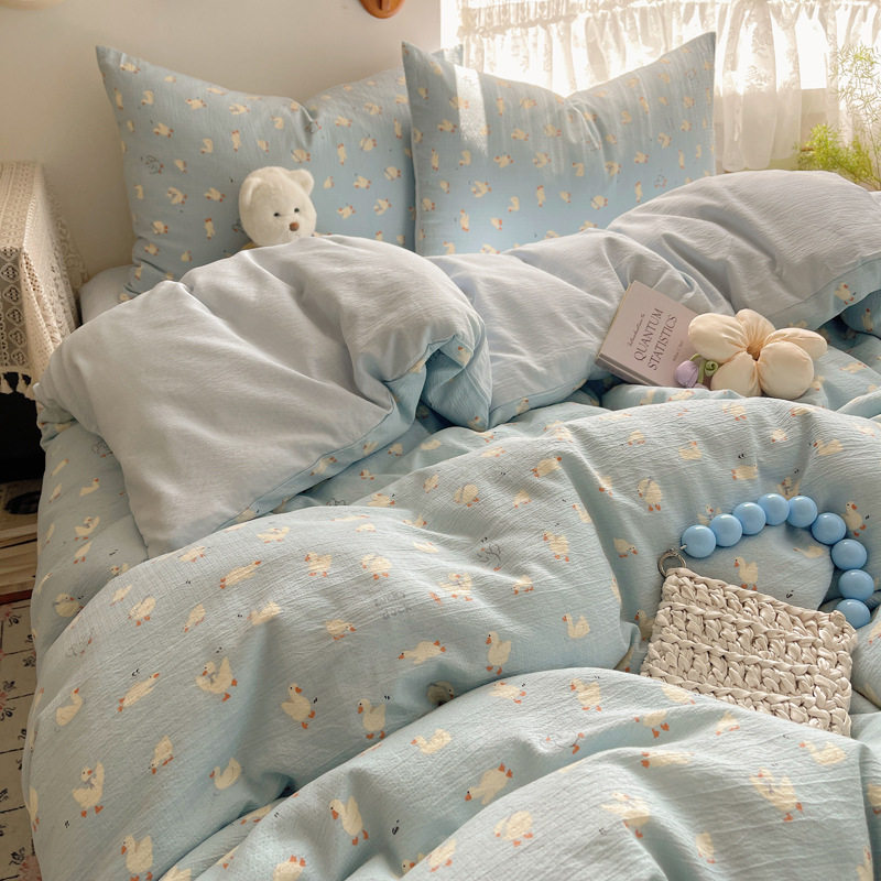 Maternity and Baby Grade a Four-Piece Set of Pure Cotton Double-Layer Yarn Bedding Ins Floral Bed Bed Sheets Quilt Cover Dormitory Three-Piece Set