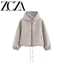 Zcza Self-Made European and American Style New Women's Fashion Versatile Cross-Border Trade Plaid Hooded Zipper Jacket