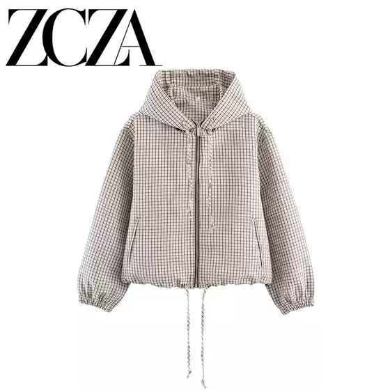 Zcza Self-Made European and American Style New Women's Fashion Versatile Cross-Border Trade Plaid Hooded Zipper Jacket