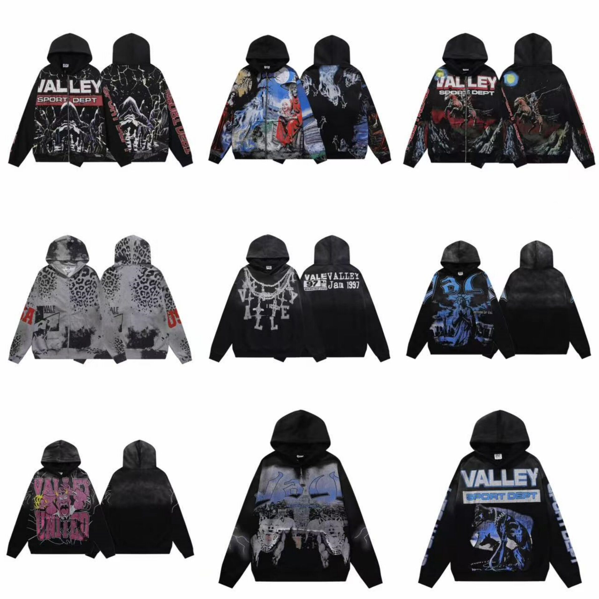 เสื้อฮู้ดวอชดูเก่า คุณภาพสูง แบรนด์ Vale ยอดนิยม VALLEY พร้อมซิปรูด ทรงหลวม สไตล์แฟชั่นยุโรป-อเมริกัน