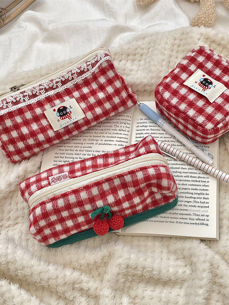 5222 New Knitted Cherry Plaid Student Stationery Pencil Bag Multifunctional Storage Cosmetic Bag Portable Sanitary Bag