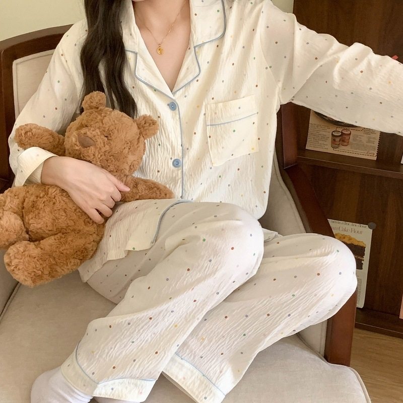 带胸垫大码睡衣女春秋季长袖甜美少女草莓条纹家居服套装现货跨境