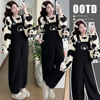 Pregnant Women 2025 New Winter Fleece-Lined Lamb Wool Maternity Overalls + Cow Double-Sided Velvet Top Two-Piece Suit