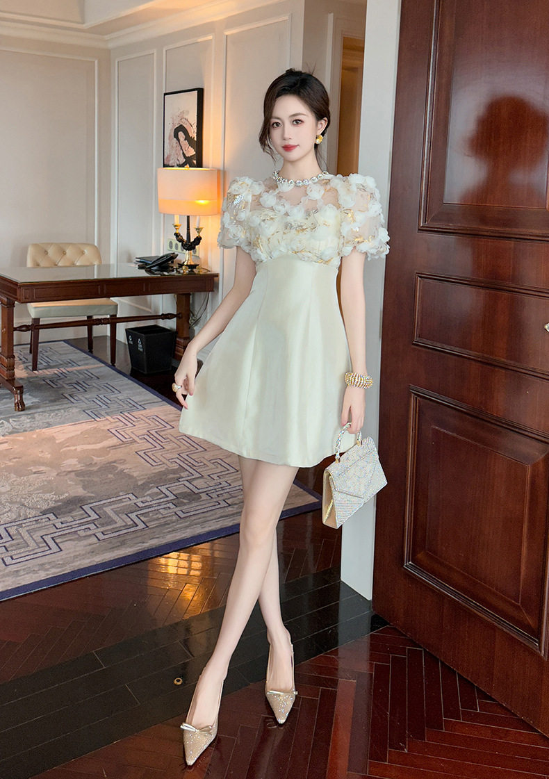 Đầm suông midi tay bồng cổ tròn phong cách Pháp họa tiết hoa — [Màu hồng đào] chi tiết 8