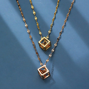Geometric Hollow Square Zircon Rose Gold Minimalist Necklace New Women's Light Luxury Niche Trendy Collarbone Chain