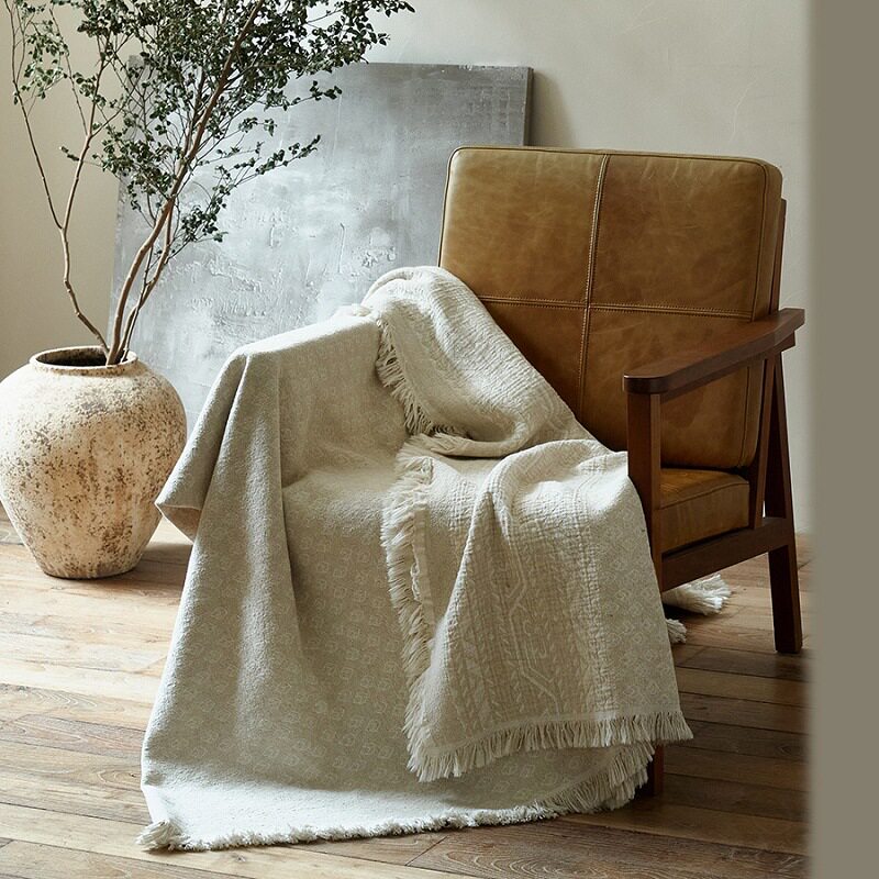 Retro Wabi-Sabi Style Cotton and Linen Strong Shrink Yarn-Dyed Jacquard Blanket Multi-Functional Nap Blanket Tassel Bed Sheet Cross-Border Foreign Trade Blanket