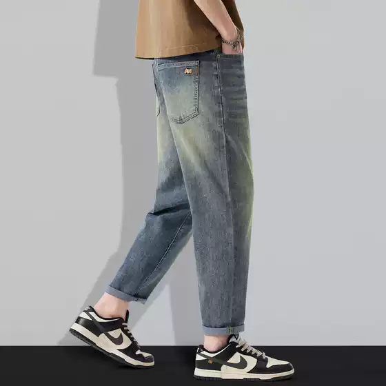 Hot-selling 2026 Spring/Summer New Men's Cool-Touch Jeans, American High-Street Loose-Fit Stretch Tapered Nine-Point Pants, Trendy