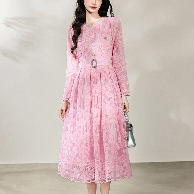 Lace Long Sleeve Dress Pearl Embellished French Chic Elegant Style Perfect for Parties and Special Occasions