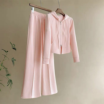 2024 Korean early autumn new fashion hooded casual suit women's slim fit slim wide leg pants two-piece long sleeve