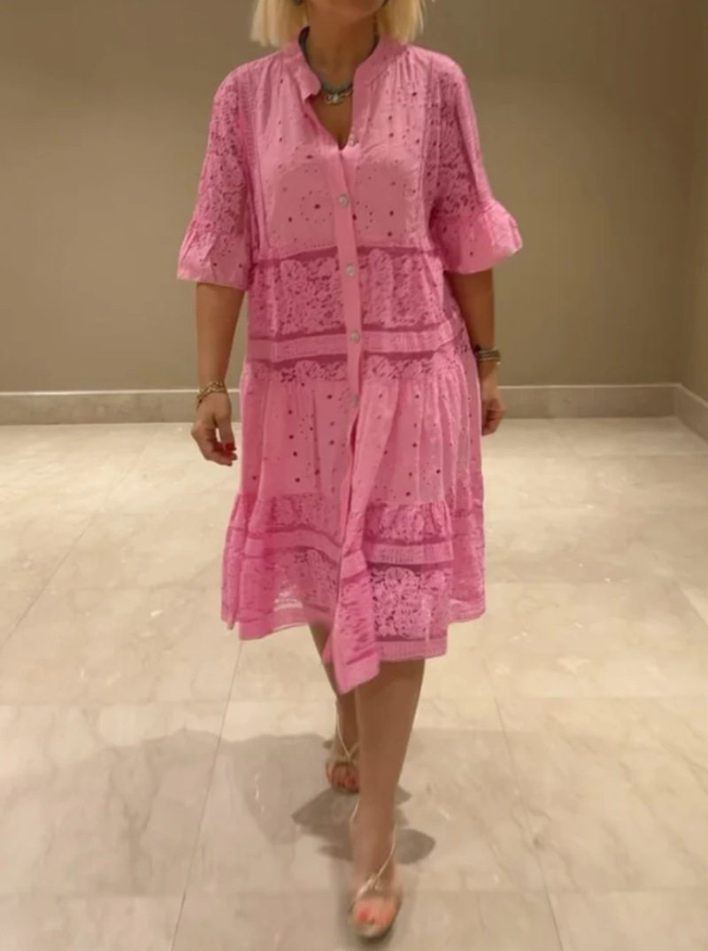 Summer Womens Dress Solid Color V Neck Button Detail Lace Insert Casual or Party Wear Wholesale Available