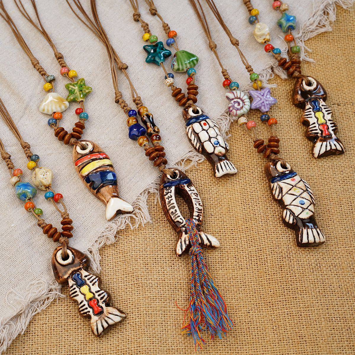 Jingdezhen Ethnic Style Personalized Trendy Ceramic Geometric Colorful Fish Long Pendant Necklace High-End Versatile Autumn and Winter Style