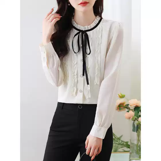 Bow Chiffon Shirt Women's Long-Sleeved Spring and Autumn New Style Top French Style High-End Lace-Up Shirt