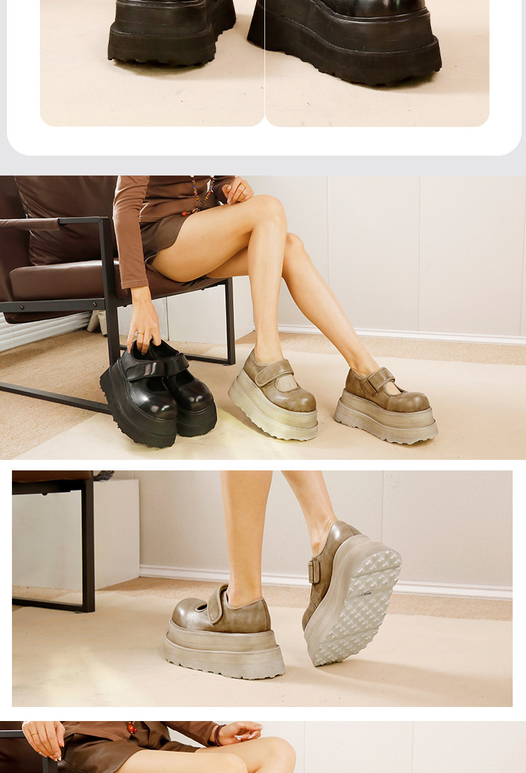 Giày Mary Jane nữ da bò thật đế dày 7cm quai ngang dán tiện lợi — Màu đen, Màu kaki
