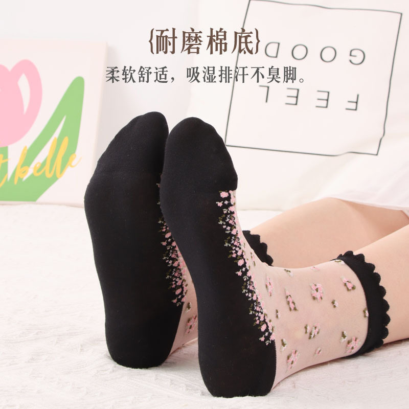 袜子女春夏新款女士玻璃丝袜棉底薄款水晶丝袜女中筒袜厂家批发