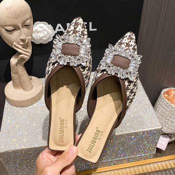 BT-11 New 2023 Summer Non-heel Lazy Shoes Women's Pointed Toe Flat Heel Outwear Half-drag Chanel Style Women's Shoes