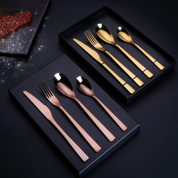 Cross-border Amazon stainless steel Western tableware titanium-plated gold hotel steak knife, fork and spoon four-piece gift box suit