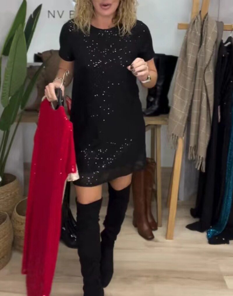 Elegant Sequin Short Sleeve Dress Round Neck Autumn Winter Style Perfect for Parties Wholesale Available