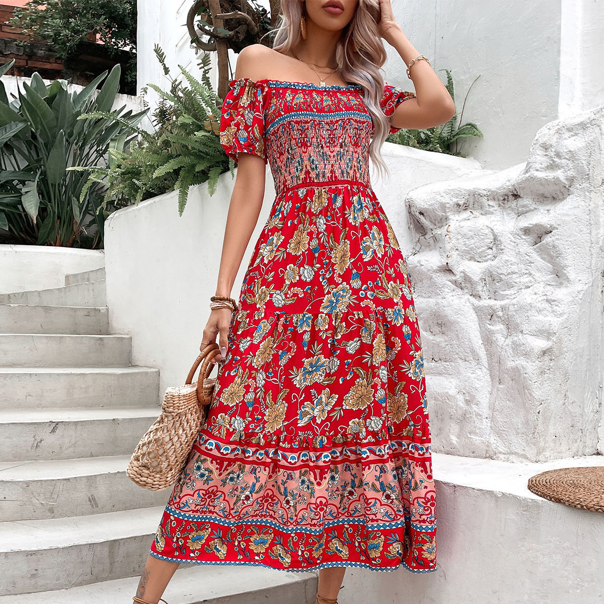 Vintage Bohemian Off Shoulder Printed Dress Summer Vacation Style Lightweight Fabric Comfortable Fit Wholesale