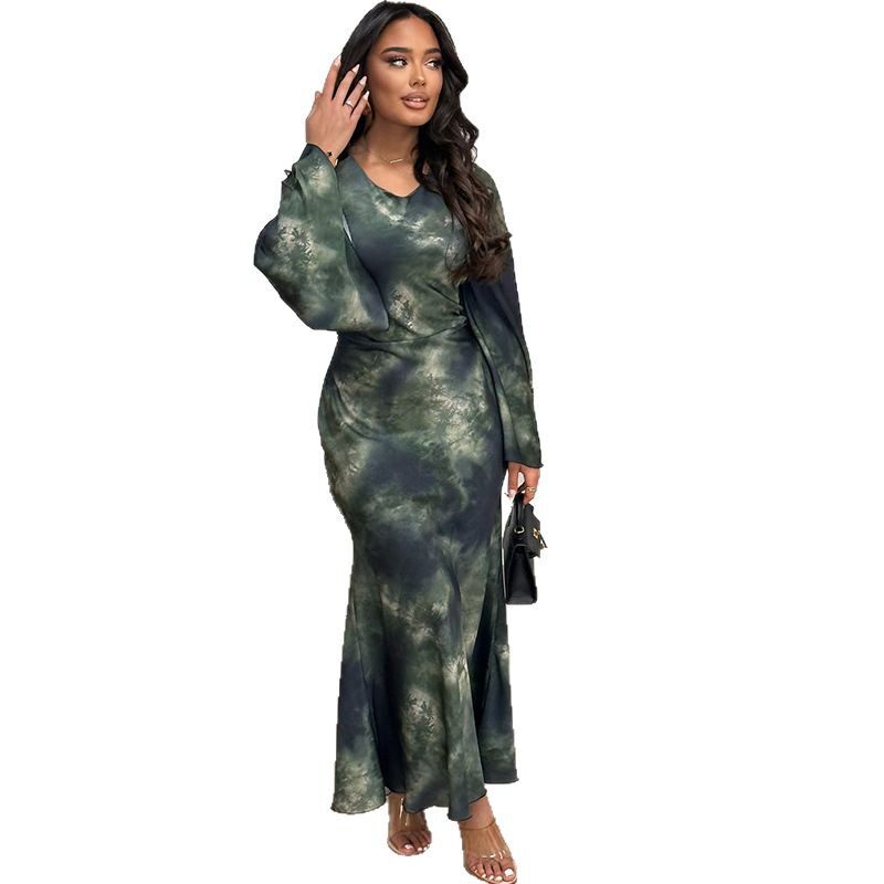 Elegant Flared Sleeve Dress Round Neck Ruffled Hem Floral Print Casual Chic for Women Wholesale Available