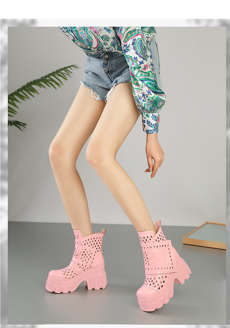 Sandal cao gót nữ hở mũi da bò lỗ khí mùa hè, gót siêu cao 8 cm, phong cách Martens — [Trắng], [Hồng], [Kaki đậm], [Đen] chi tiết 7