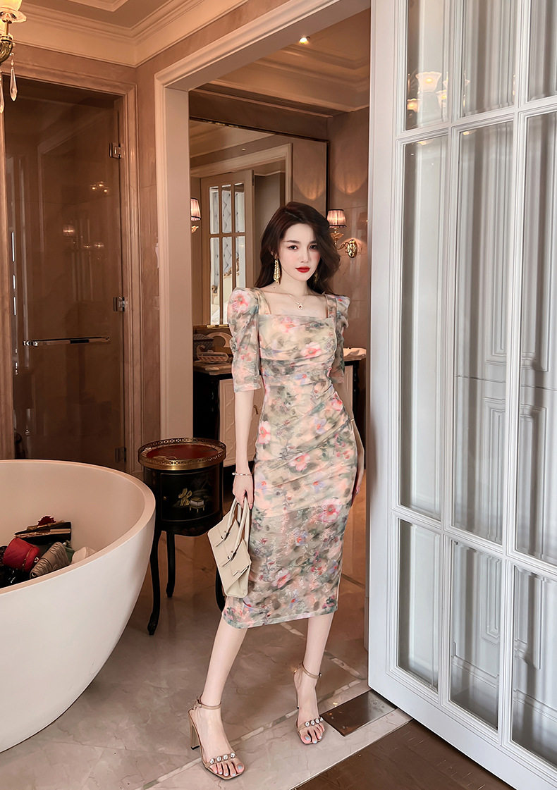 Đầm maxi nữ thắt eo cổ vuông họa tiết hoa retro Pháp — [Xanh lá] chi tiết 12