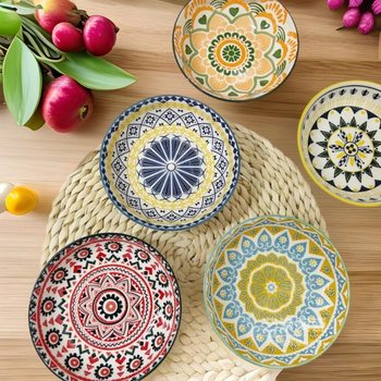 Bohemian Ceramic Deep Soup Plate Flat Plate Round Plate Pickle Plate Japanese Dish Plate Soup Plate Underglaze Color Machine Printing