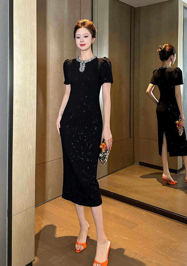 Đầm ôm body nữ cổ tròn tay ngắn, phong cách tiểu thư sang trọng, đính sequin lấp lánh, dáng dài ôm eo — [Đen] chi tiết 9