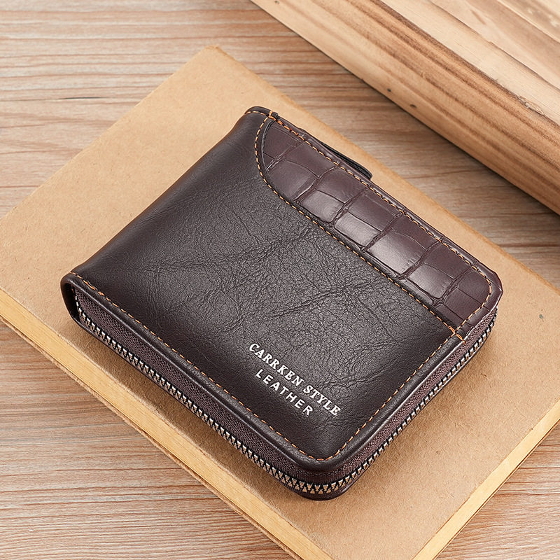 New men's short stone pattern wallet horizontal edge zipper small wallet split leather horizontal multi-card card holder