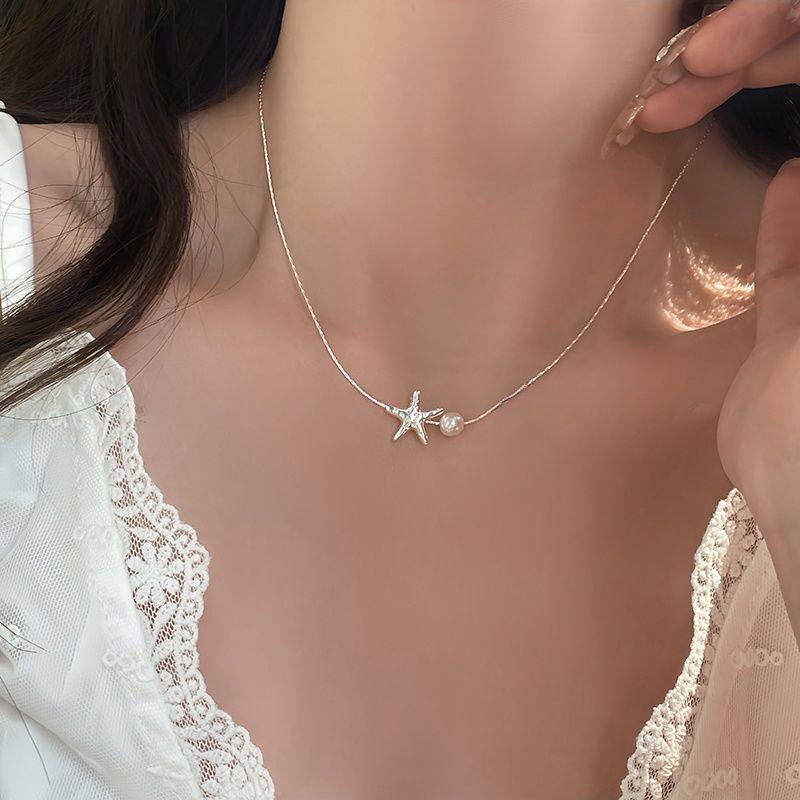 Simple Starfish Pearl Necklace Female Niche Unique Design Sense Clavicle Chain Elegant All-match Exquisite Star Accessories