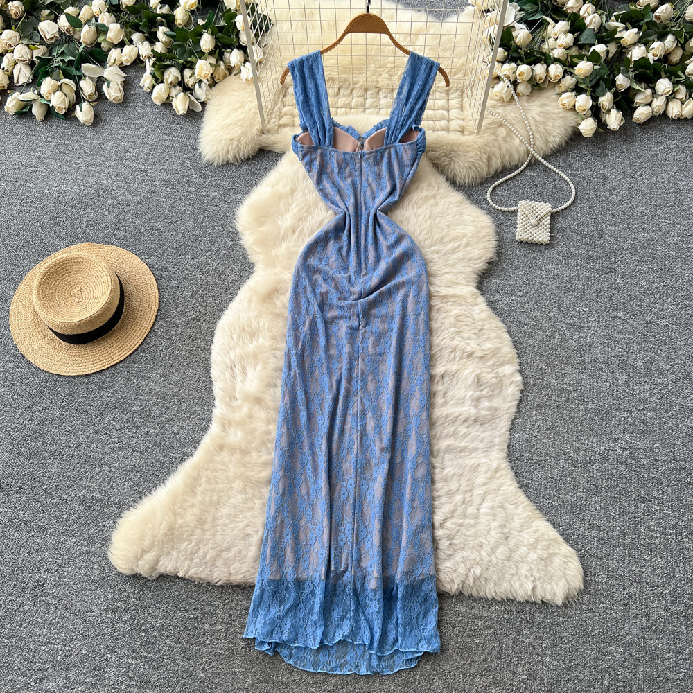 Blue Lace Slip Dress Slim Fit Backless Mermaid Hem Summer Vacation Evening Wear Wholesale Available