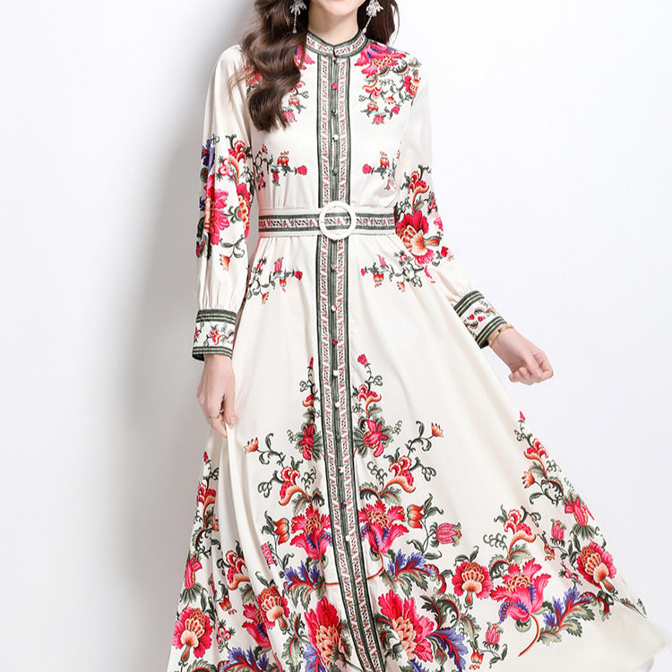 Vintage Inspired Floral Print Dress Round Neck Lantern Sleeves Single Breasted Waist Defined Elegant Evening Gown